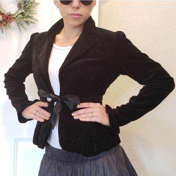 Y2K Black Velvet fitted jacket tie waist Luii size large - Picture 1 of 13